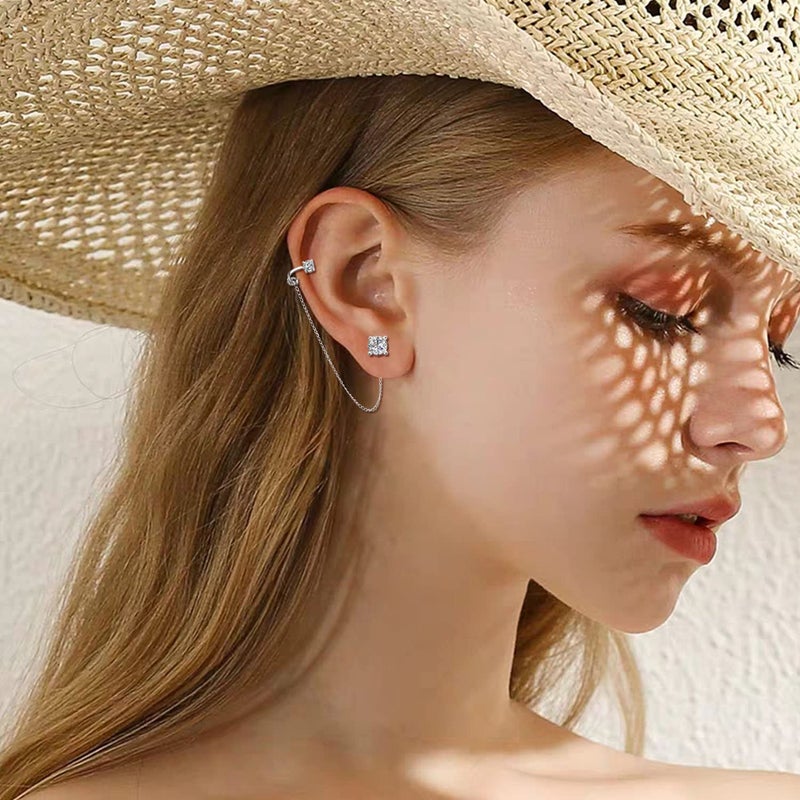 ELEDUCTMON Cubic Zirconia Crystal Ear Cuff Chain - Sterling Silver Hypoallergenic Rhinestones Drop Dangle Earrings - 2 in 1 Gifts for Women - Image 3